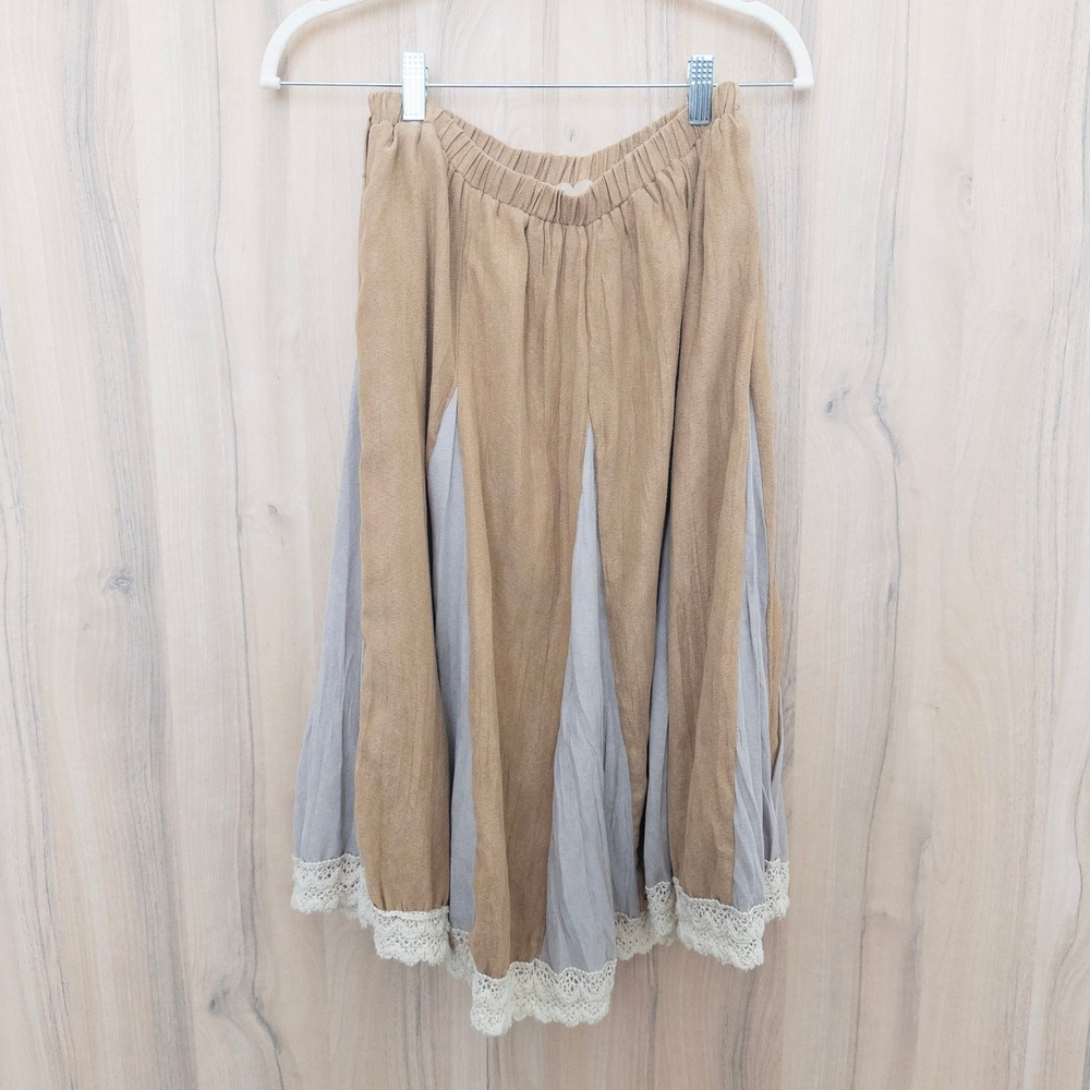 Womens Boho Midi Skirt M/L Tan Gray Lace Trim Elastic Waist Cottage Lagenlook - Picture 7 of 8